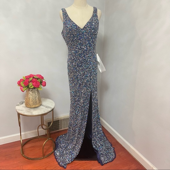 # Mac Duggal Navy / Blue Sleeveless Sequin Embellished Sheath Gown W/ High Slit - Picture 15 of 15